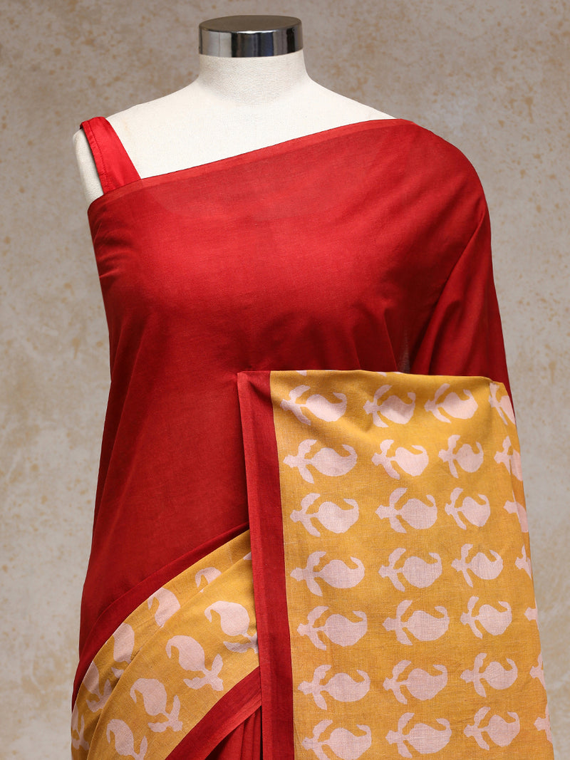 Deep Red & Yellow Handblock Printed Colour Blocking Mulmul Saree-Binks