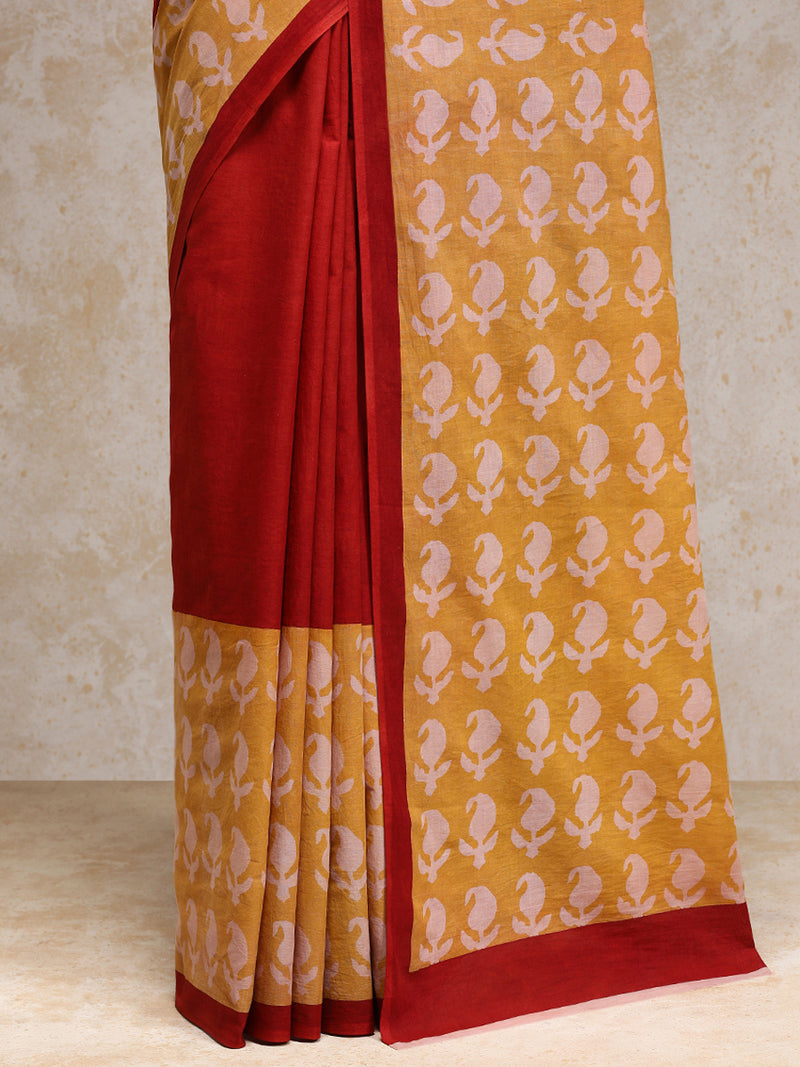 Deep Red & Yellow Handblock Printed Colour Blocking Mulmul Saree-Binks