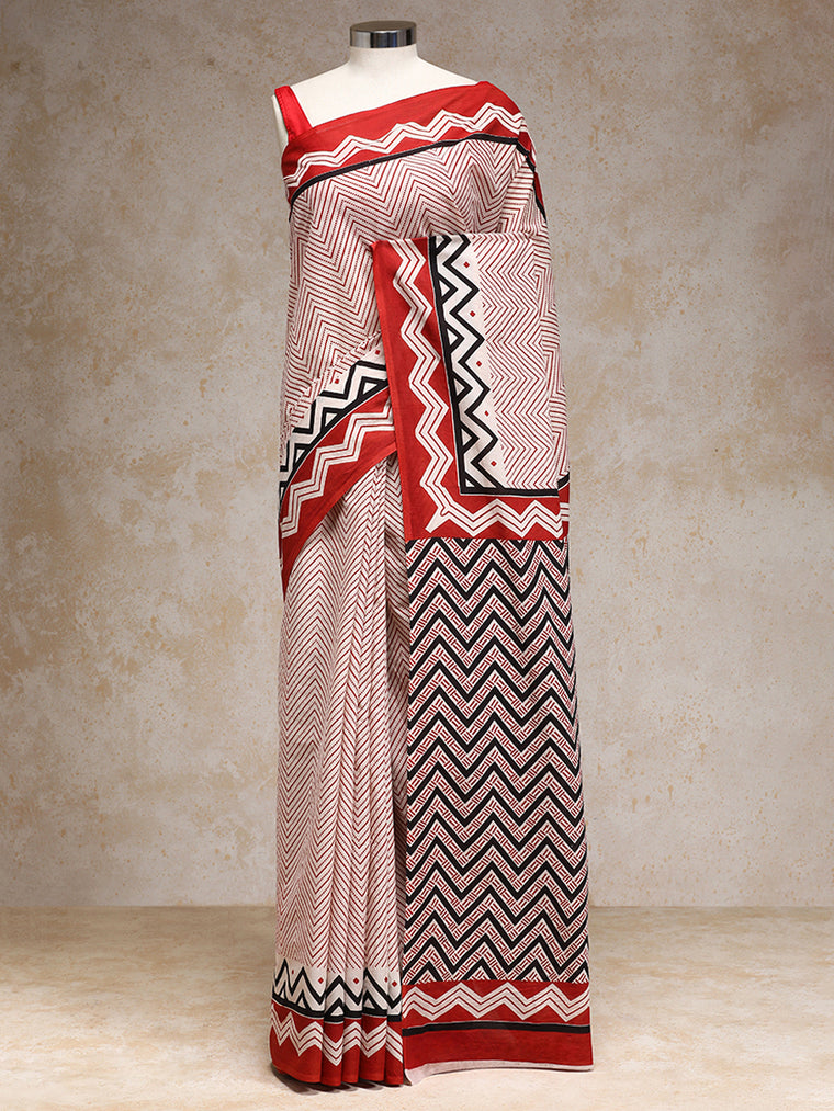 Red Handblock Printed Chevron Zigzag Dotted Mulmul Saree, in White 100% Cotton, made for daily & work.