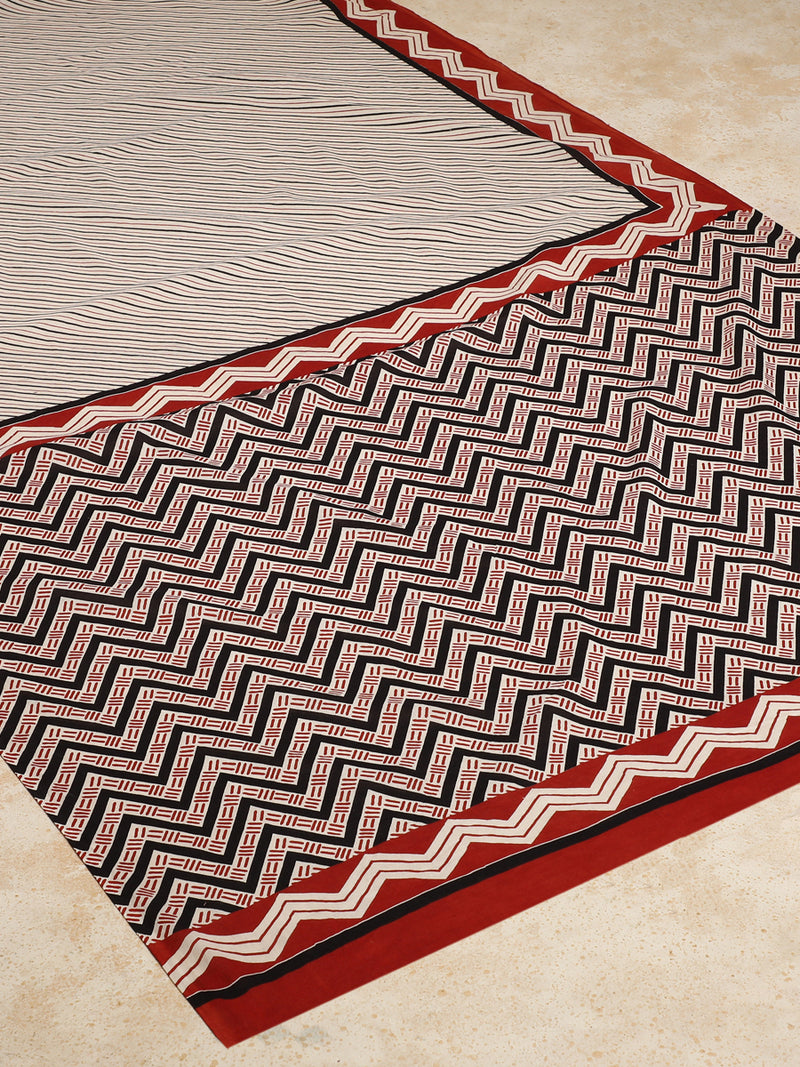 Red & Black Handblock Printed Diagonal Striped Mulmul Saree-Binks