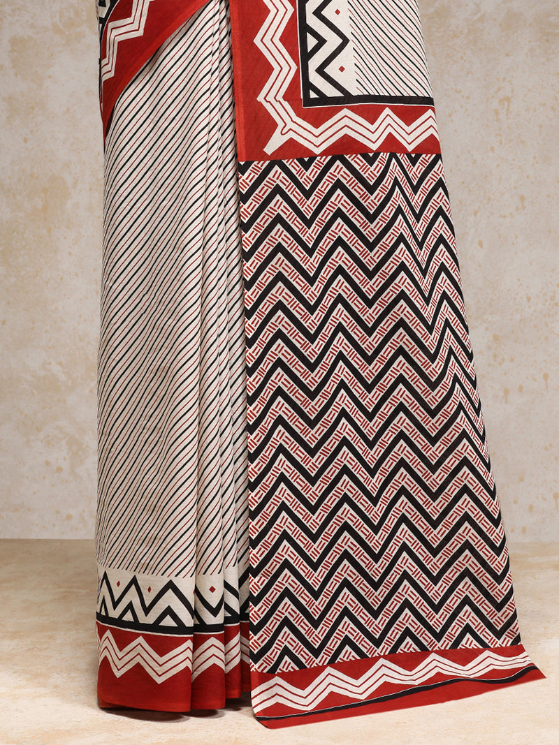 Red & Black Handblock Printed Diagonal Striped Mulmul Saree-Binks