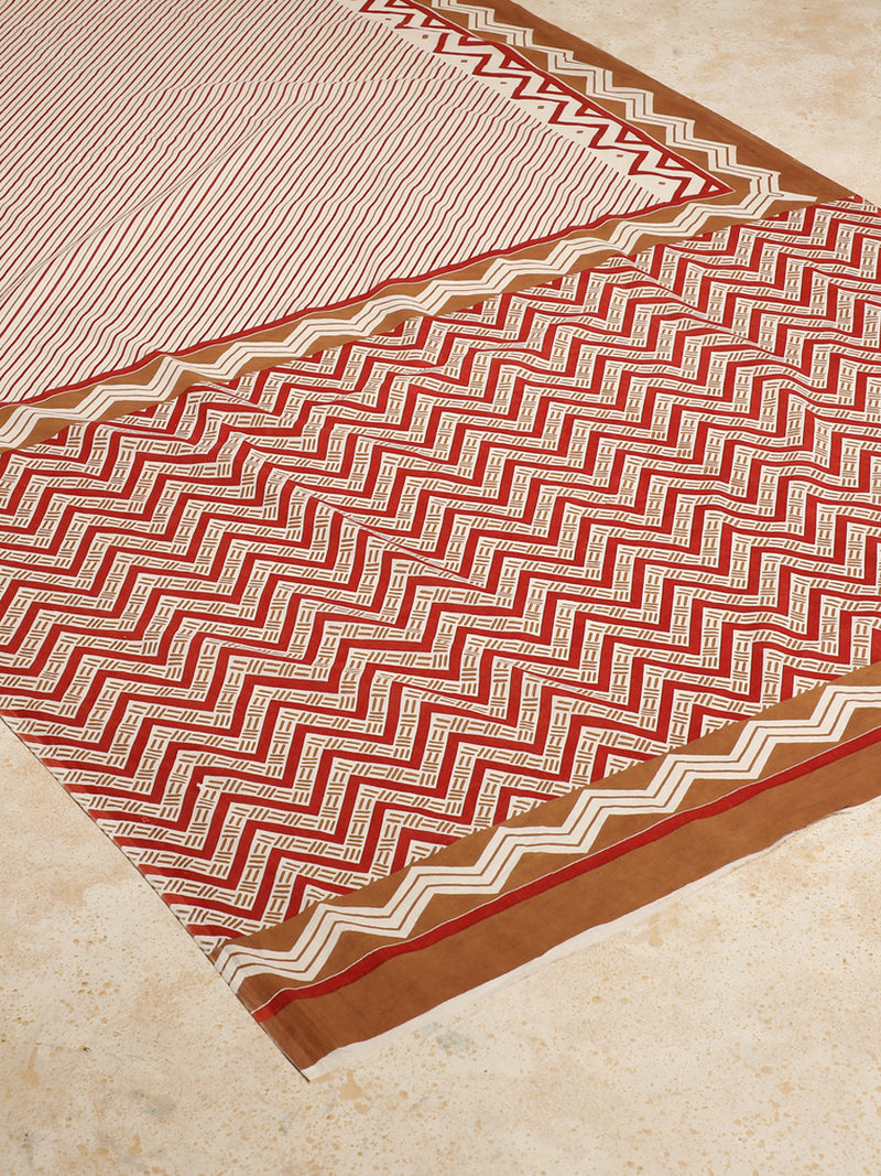 Red & Brown Handblock Printed Diagonal Striped Chevron Mulmul Saree-Binks