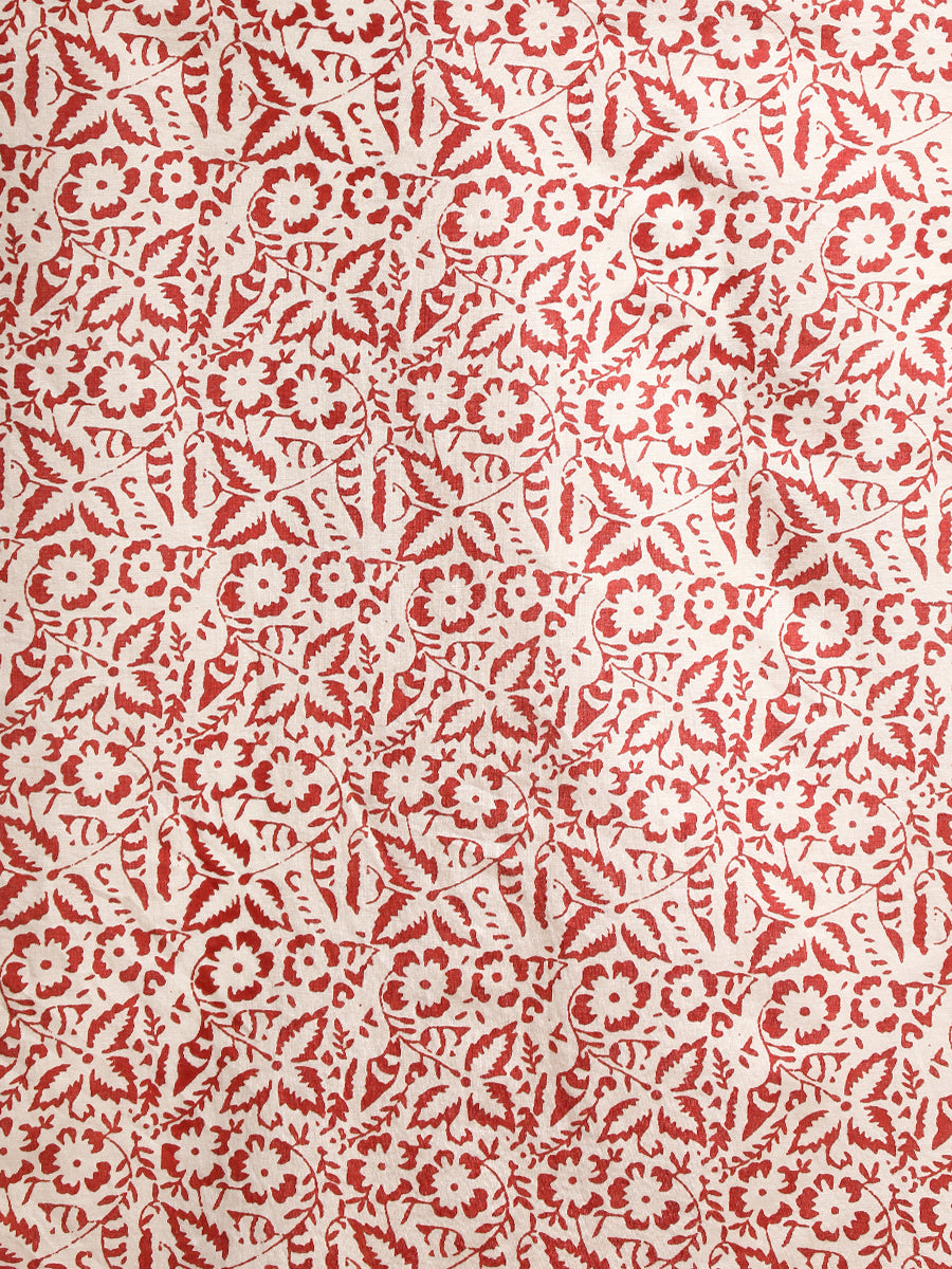 Red & Brown Handblock Printed Diagonal Striped Chevron Mulmul Saree, in White 100% Cotton, made for daily & work (view 5).