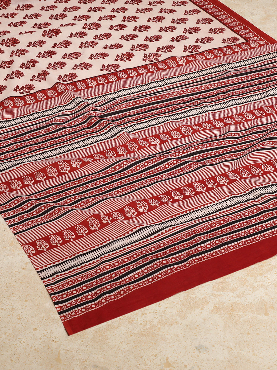 Bright Red & White Handblock Printed Vanspati Mulmul Saree, in White 100% Cotton, made for daily & work (view 2).