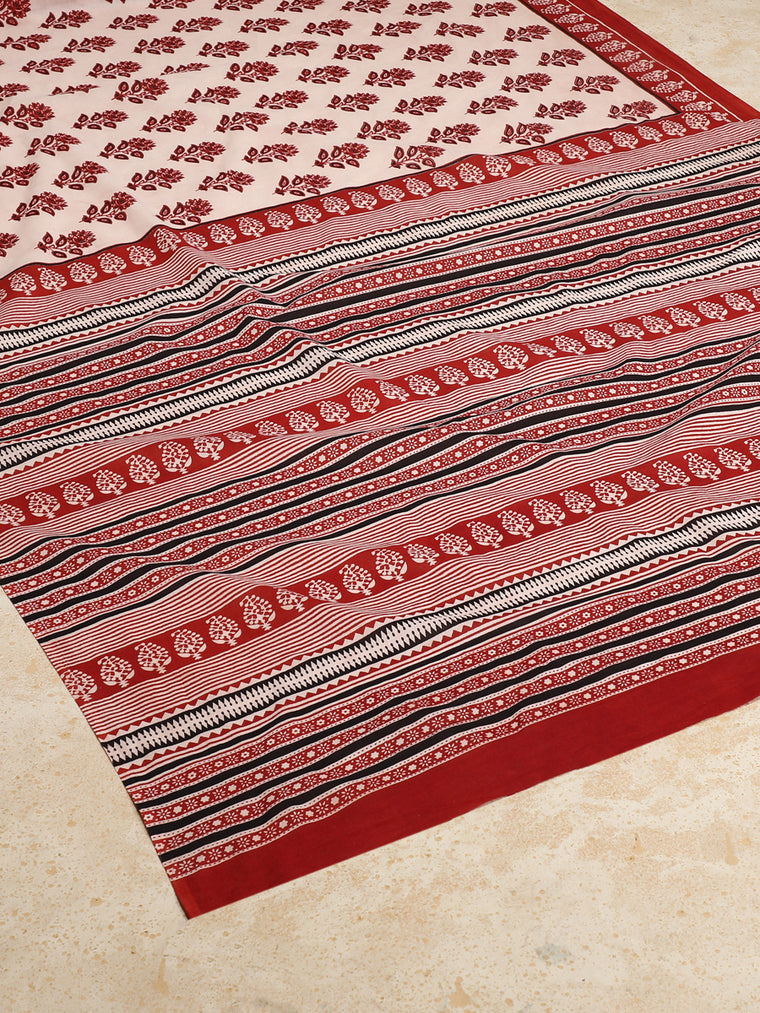 Bright Red & White Handblock Printed Vanspati Mulmul Saree, in White 100% Cotton, made for daily & work (view 2).