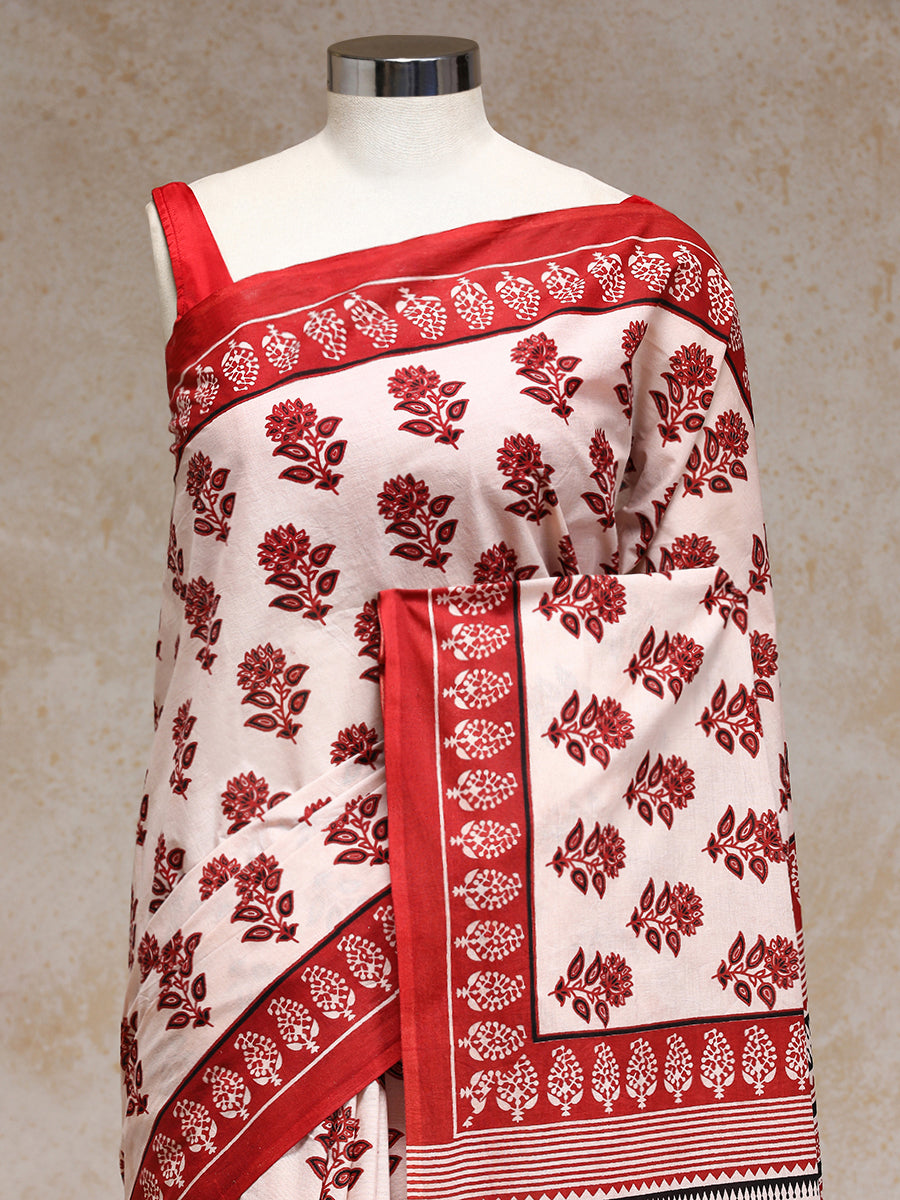 Bright Red & White Handblock Printed Vanspati Mulmul Saree, in White 100% Cotton, made for daily & work (view 3).