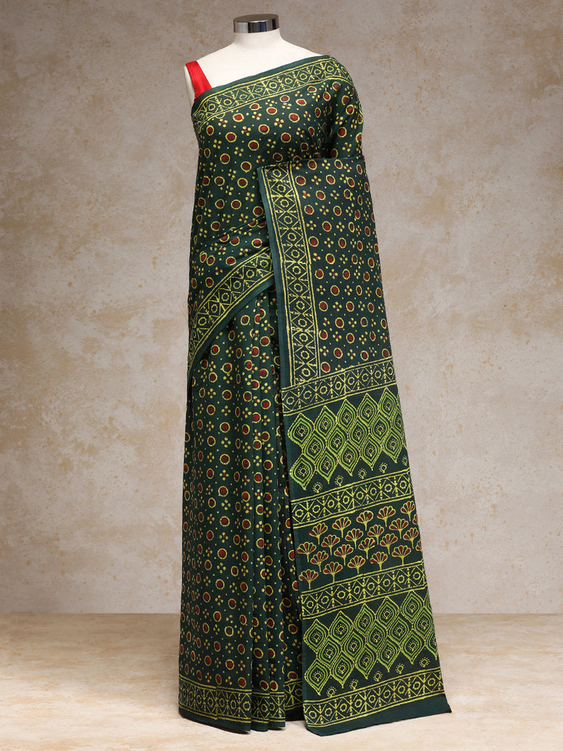 Olive Green Handblock Printed Bandhani Style Mulmul Saree-Binks
