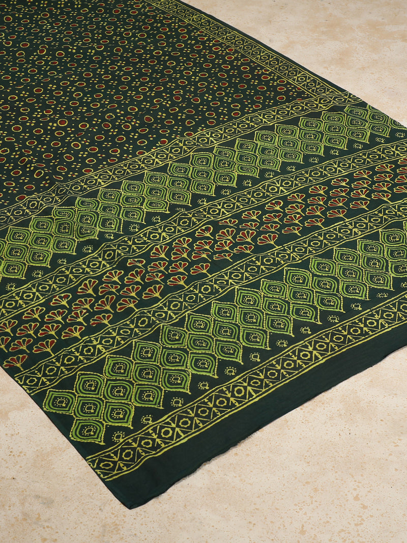 Olive Green Handblock Printed Bandhani Style Mulmul Saree-Binks