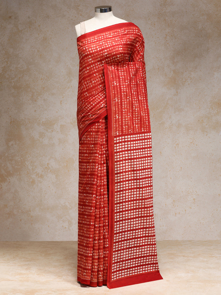 Chili Red Handblock Printed Grid Motif Mulmul Saree, in Red 100% Cotton, made for daily & work.