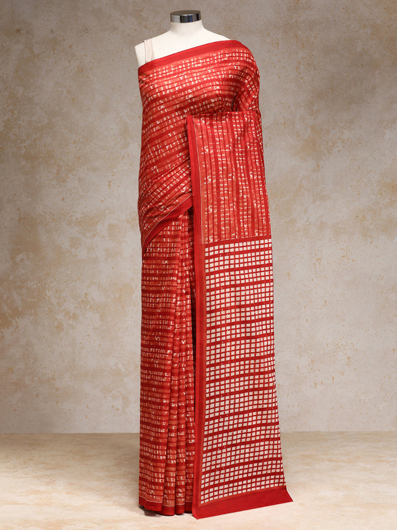 Chili Red Handblock Printed Grid Motif Mulmul Saree-Binks