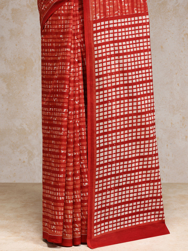 Chili Red Handblock Printed Grid Motif Mulmul Saree-Binks