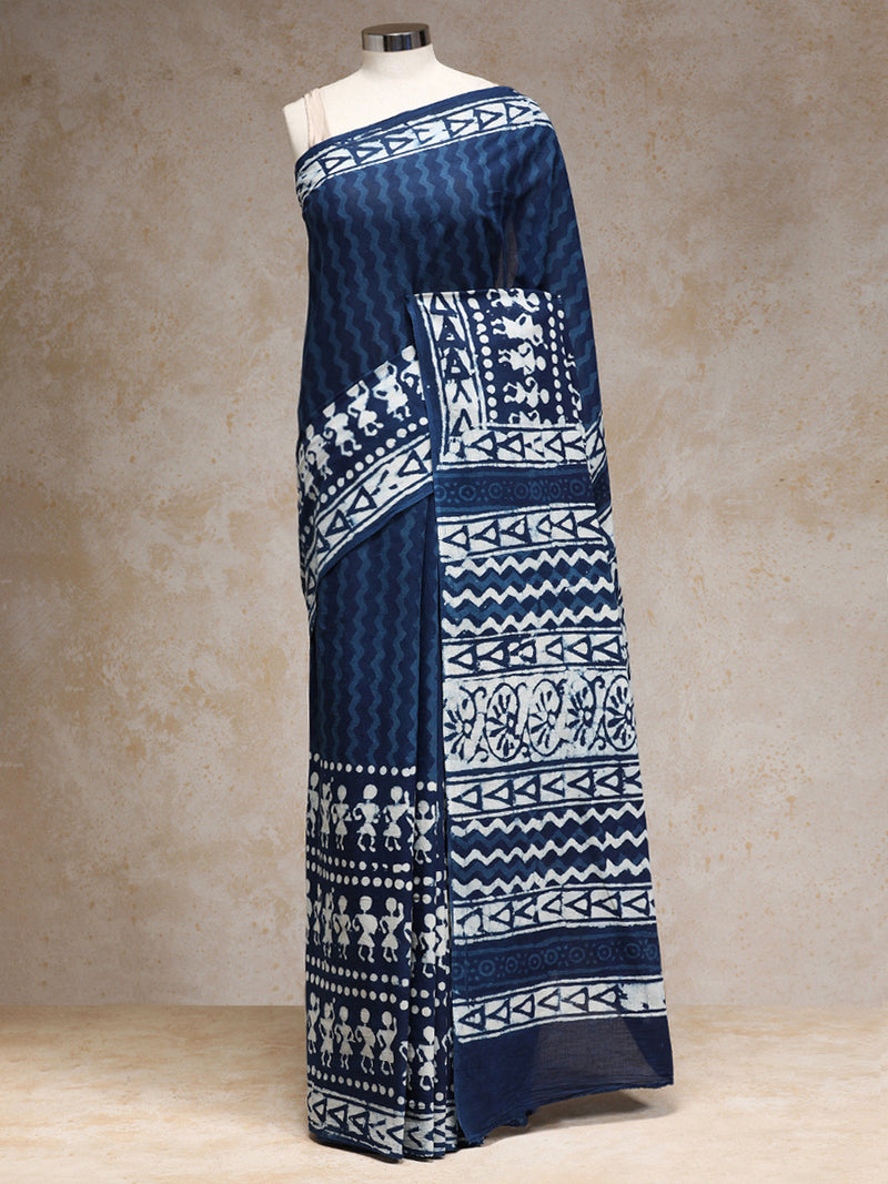 Indigo Blue Handblock Printed Tribal Motif Mulmul Saree-Binks