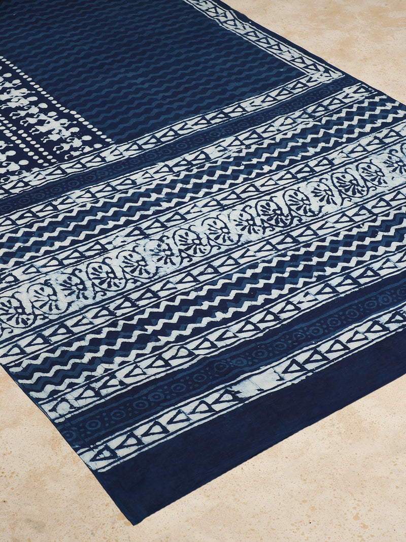 Indigo Blue Handblock Printed Tribal Motif Mulmul Saree-Binks