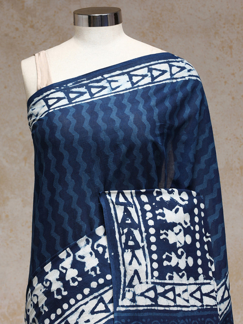 Indigo Blue Handblock Printed Tribal Motif Mulmul Saree-Binks