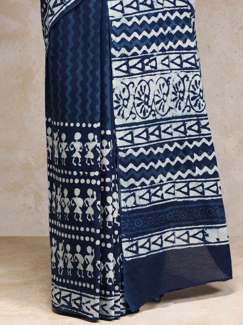 Indigo Blue Handblock Printed Tribal Motif Mulmul Saree-Binks
