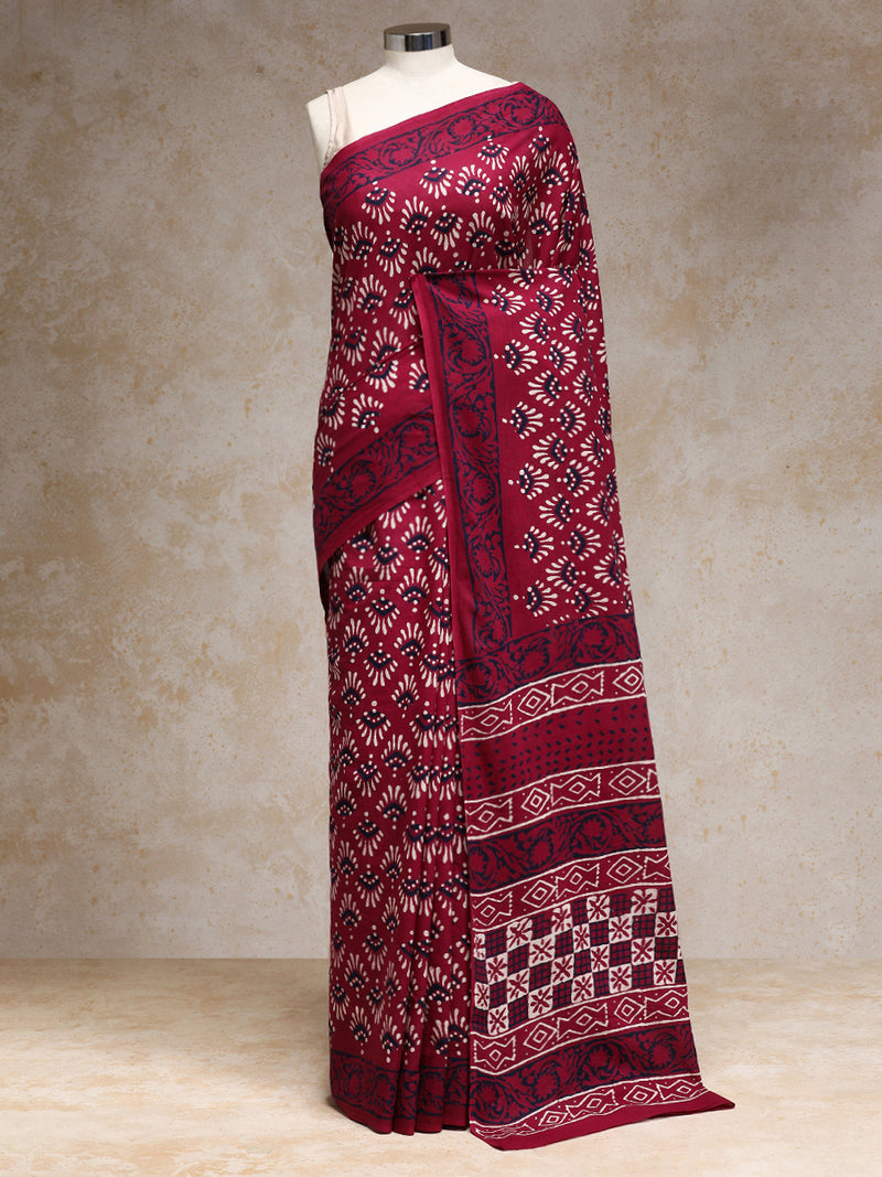 Maroon Handblock Printed Floral Geometric Motif Mulmul Saree-Binks