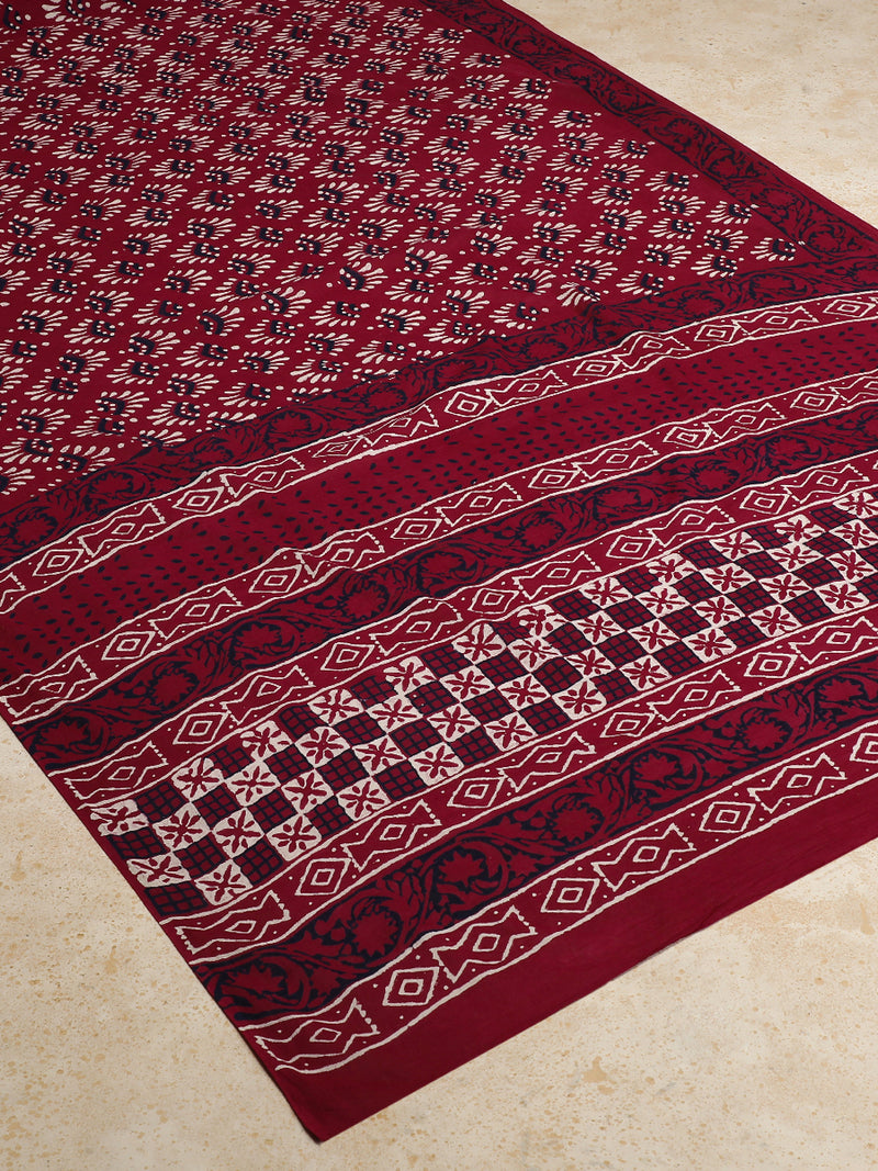 Maroon Handblock Printed Floral Geometric Motif Mulmul Saree-Binks