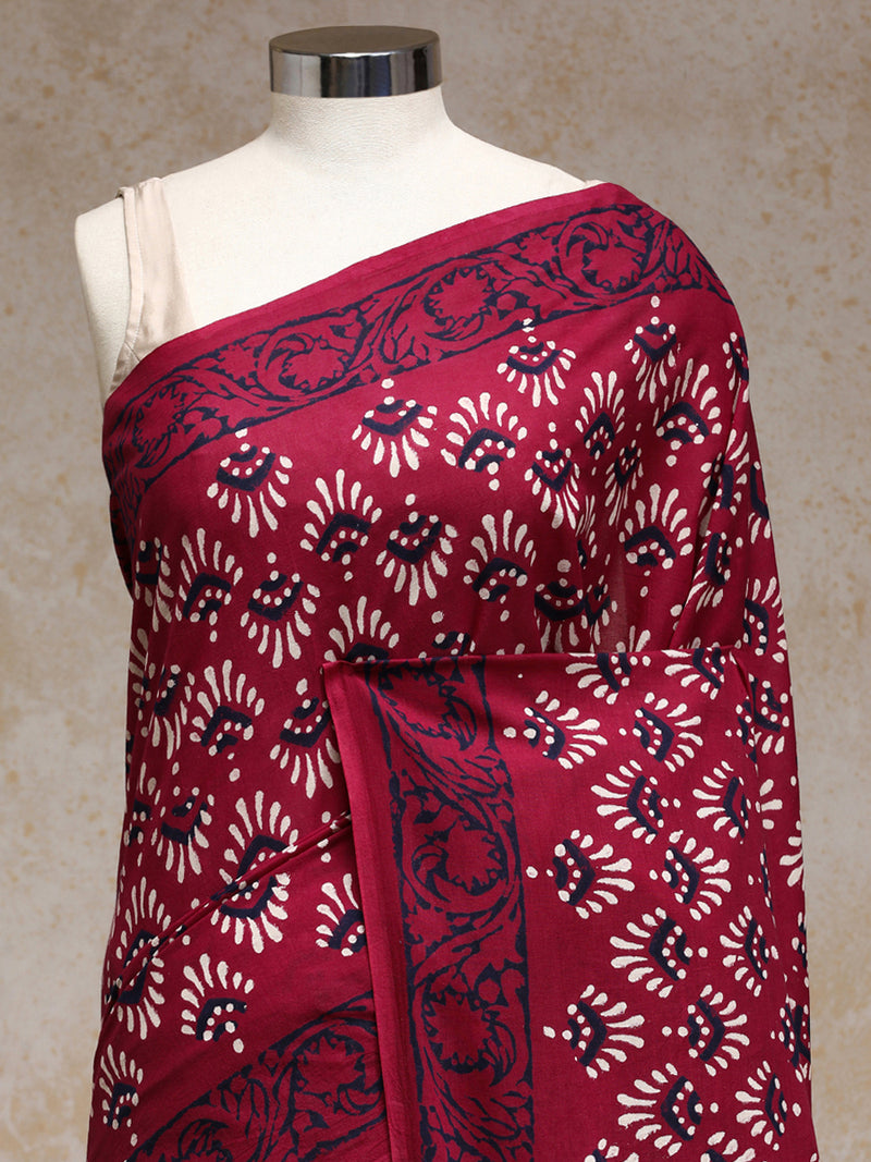 Maroon Handblock Printed Floral Geometric Motif Mulmul Saree-Binks