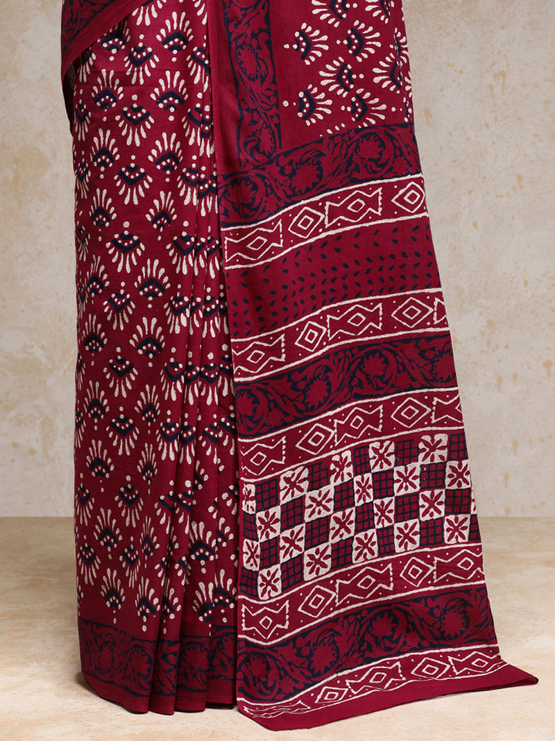 Maroon Handblock Printed Floral Geometric Motif Mulmul Saree-Binks
