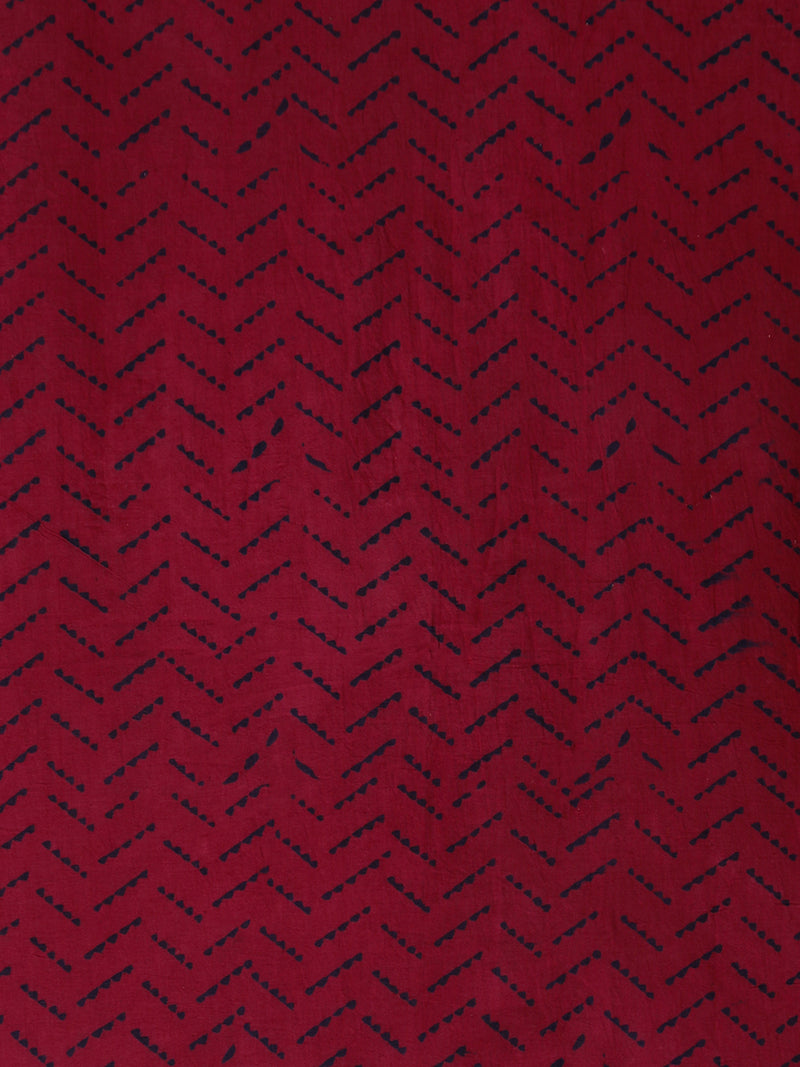 Maroon Handblock Printed Floral Geometric Motif Mulmul Saree-Binks