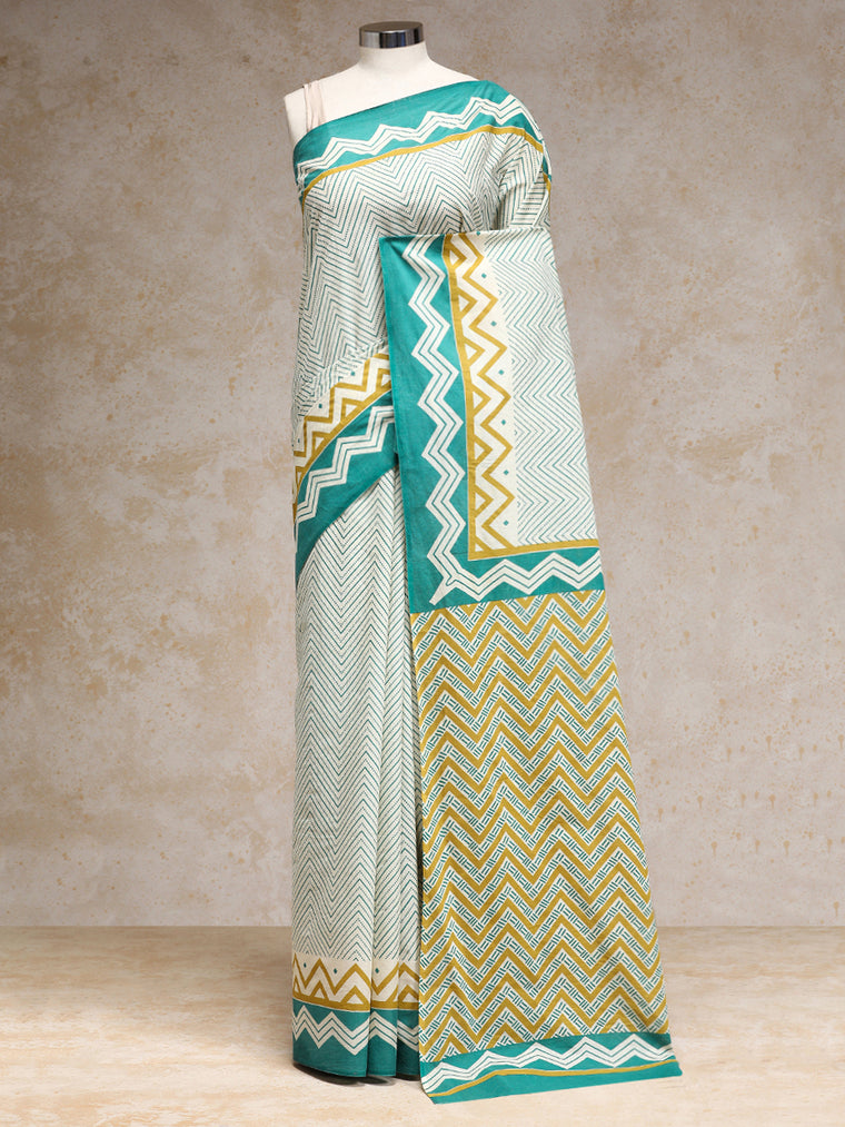 Sage Green & White Handblock Printed Chevron Zigzag Dotted Mulmul Saree, in White 100% Cotton, made for daily & work.