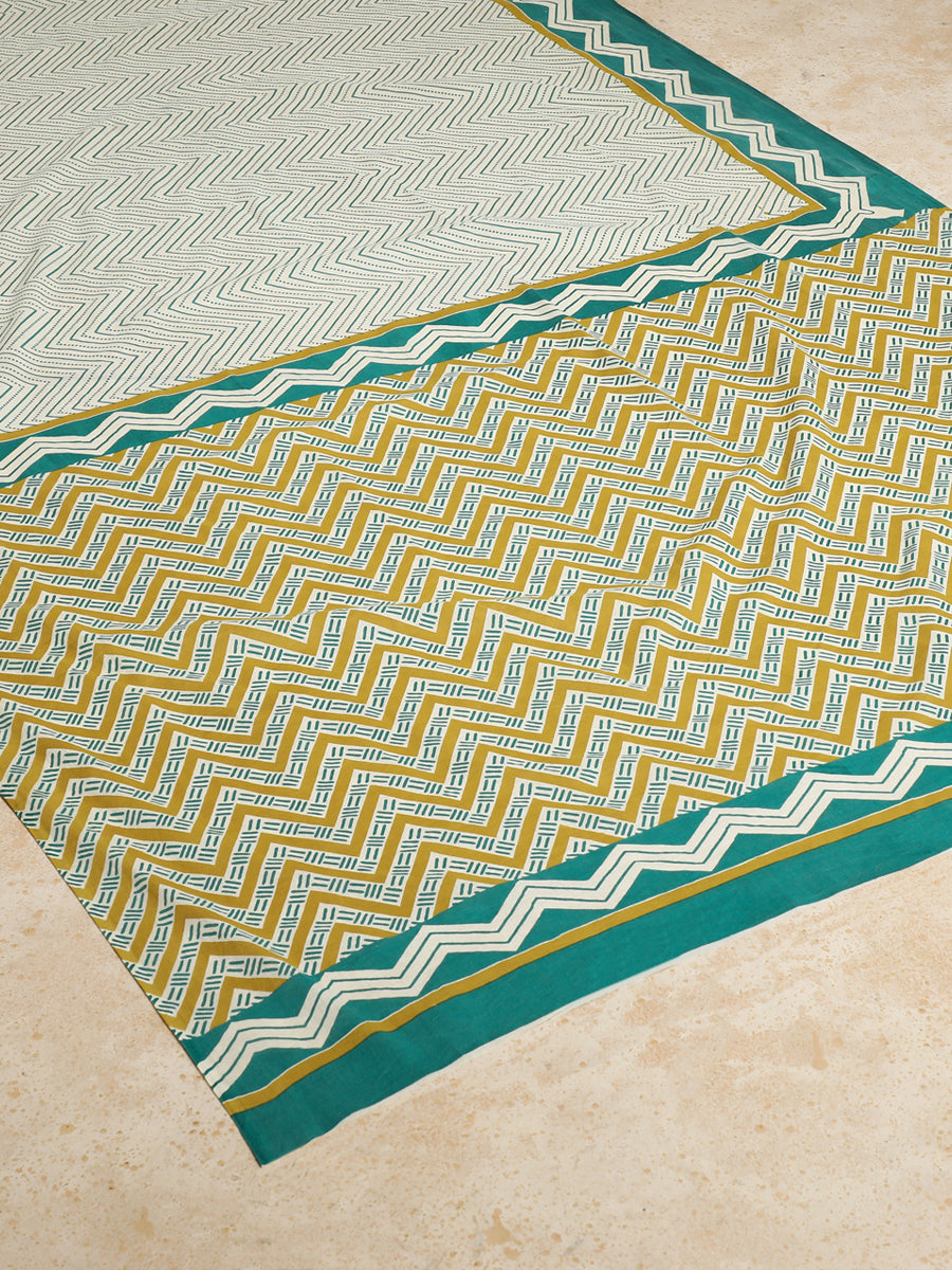 Sage Green & White Handblock Printed Chevron Zigzag Dotted Mulmul Saree, in White 100% Cotton, made for daily & work (view 2).