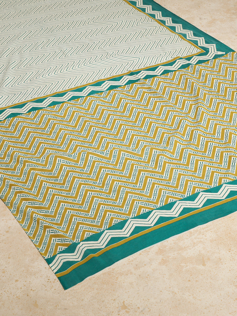 Sage Green & White Handblock Printed Chevron Zigzag Dotted Mulmul Saree, in White 100% Cotton, made for daily & work (view 2).