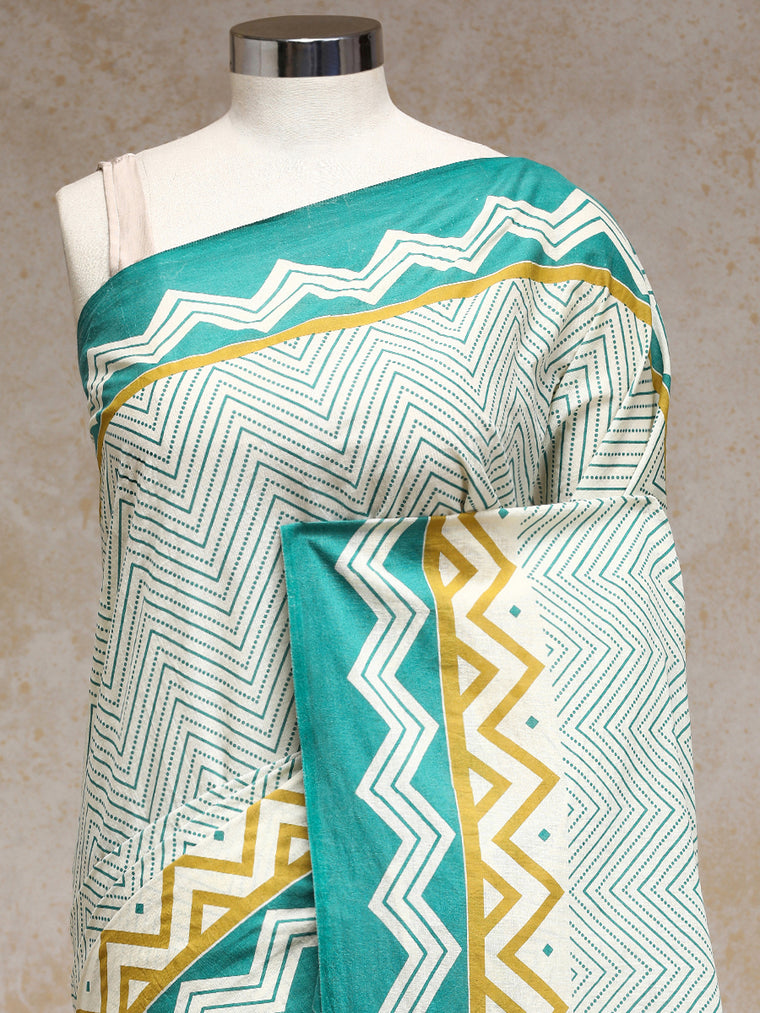 Sage Green & White Handblock Printed Chevron Zigzag Dotted Mulmul Saree, in White 100% Cotton, made for daily & work (view 3).