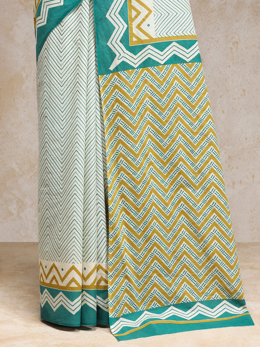 Sage Green & White Handblock Printed Chevron Zigzag Dotted Mulmul Saree, in White 100% Cotton, made for daily & work (view 4).