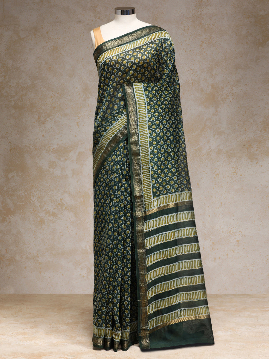 Olive Green Handblock Printed Abstract Dotted Ajrakh Maheshwari Cotton Silk Saree, in Green Maheshwari Cotton Silk.