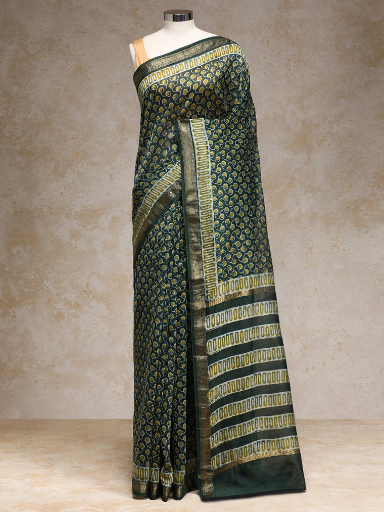 Olive Green Handblock Printed Abstract Dotted Ajrakh Maheshwari Cotton Silk Saree, in Green Maheshwari Cotton Silk.