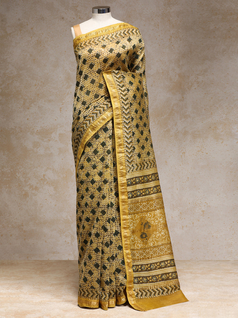 Mustard Gold Handblock Printed Geometric Mosaic Ajrakh Maheshwari Cotton Silk Saree-Binks