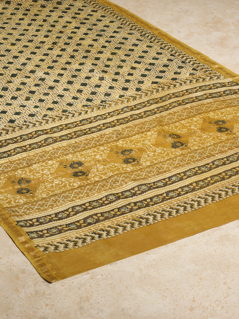 Mustard Gold Handblock Printed Geometric Mosaic Ajrakh Maheshwari Cotton Silk Saree-Binks