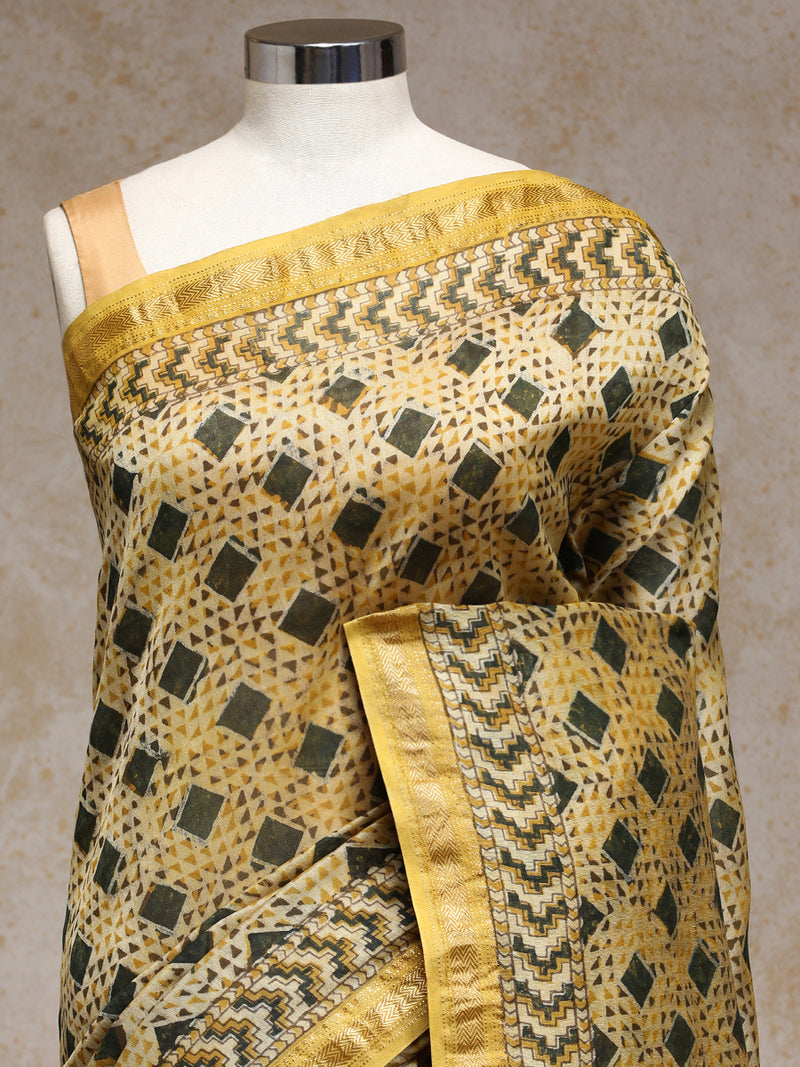 Mustard Gold Handblock Printed Geometric Mosaic Ajrakh Maheshwari Cotton Silk Saree-Binks