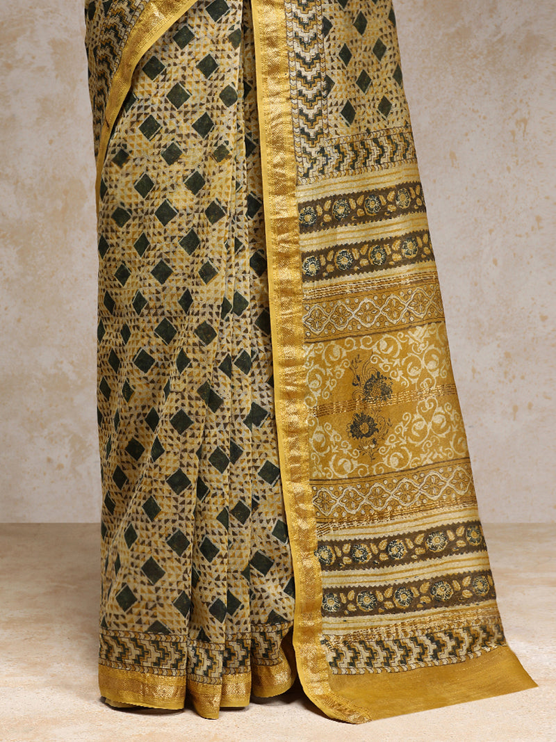 Mustard Gold Handblock Printed Geometric Mosaic Ajrakh Maheshwari Cotton Silk Saree-Binks