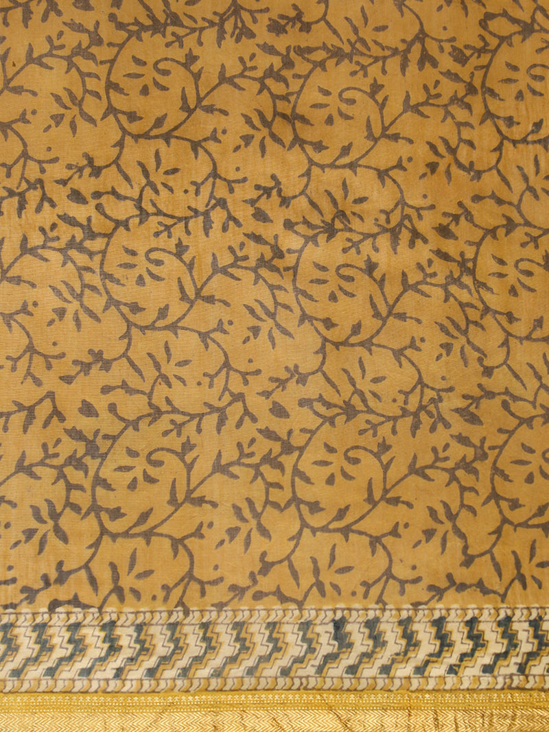 Mustard Gold Handblock Printed Geometric Mosaic Ajrakh Maheshwari Cotton Silk Saree-Binks