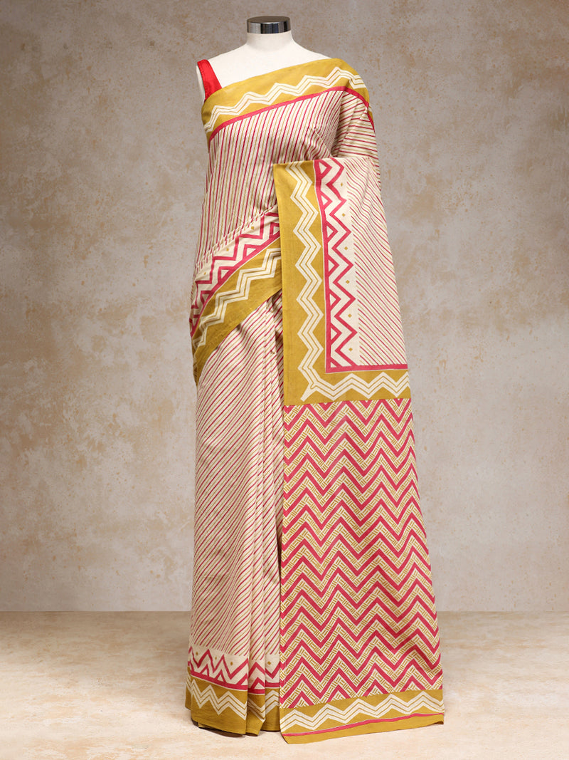Red & Mustard Yellow Handblock Printed Diagonal Striped Chevron Mulmul Saree-Binks