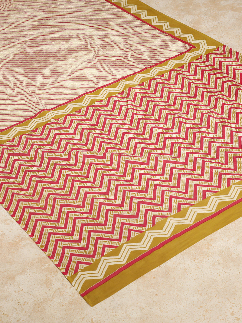 Red & Mustard Yellow Handblock Printed Diagonal Striped Chevron Mulmul Saree-Binks