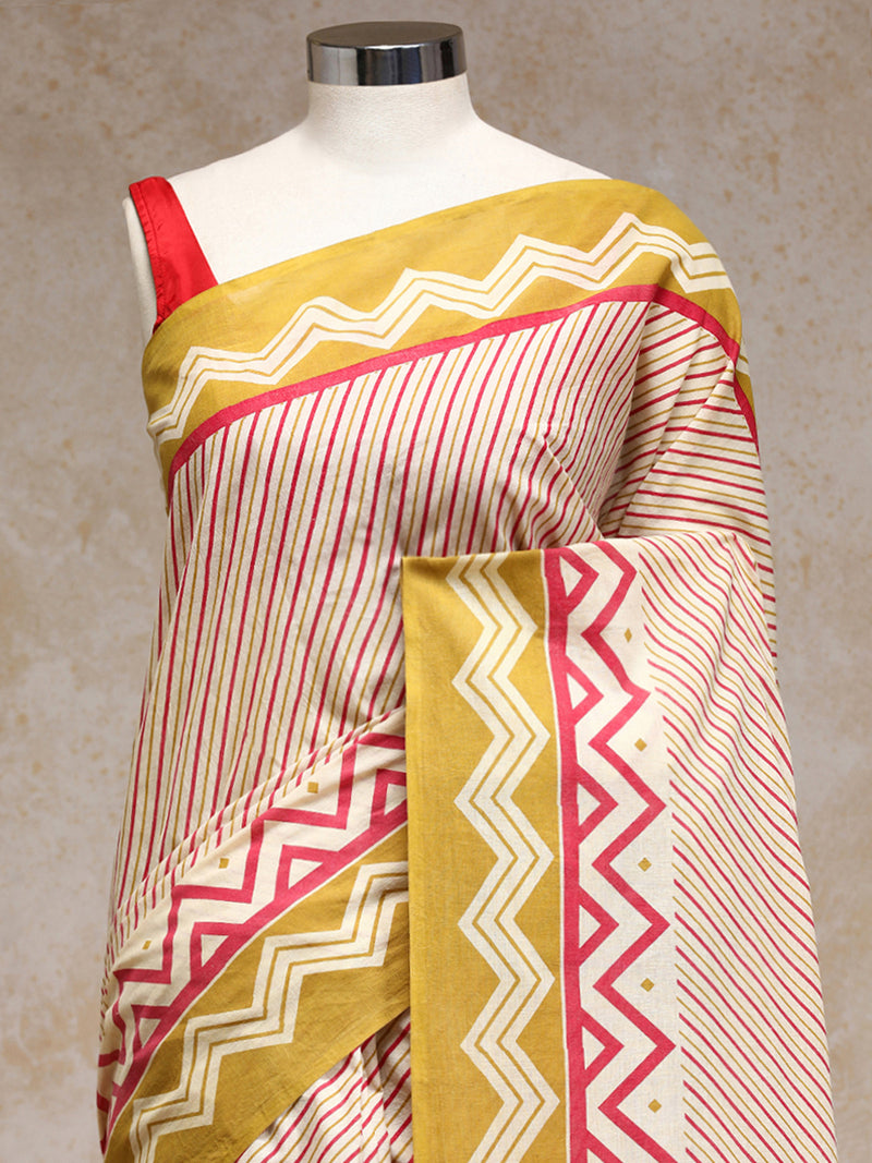 Red & Mustard Yellow Handblock Printed Diagonal Striped Chevron Mulmul Saree-Binks