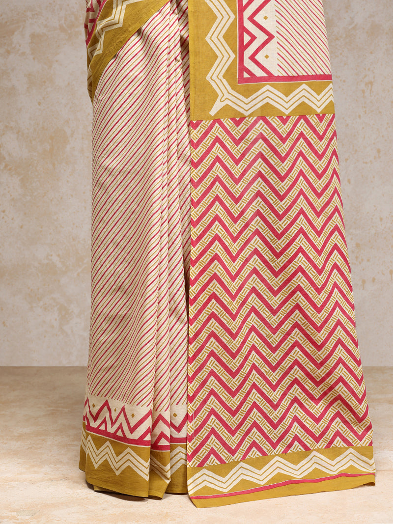 Red & Mustard Yellow Handblock Printed Diagonal Striped Chevron Mulmul Saree-Binks