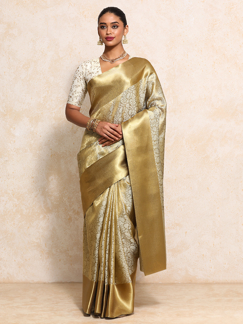 Golden Tissue Saree With Ornate Floral Jaal Weave-Binks