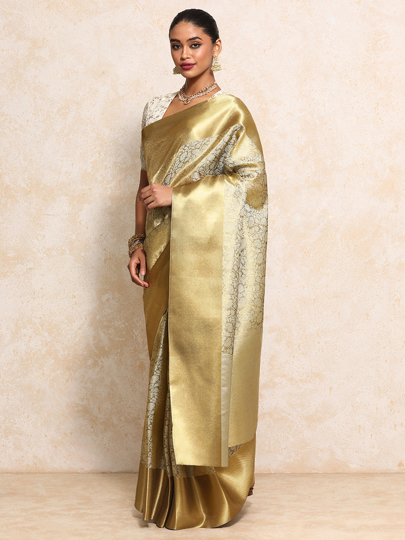 Golden Tissue Saree With Ornate Floral Jaal Weave-Binks
