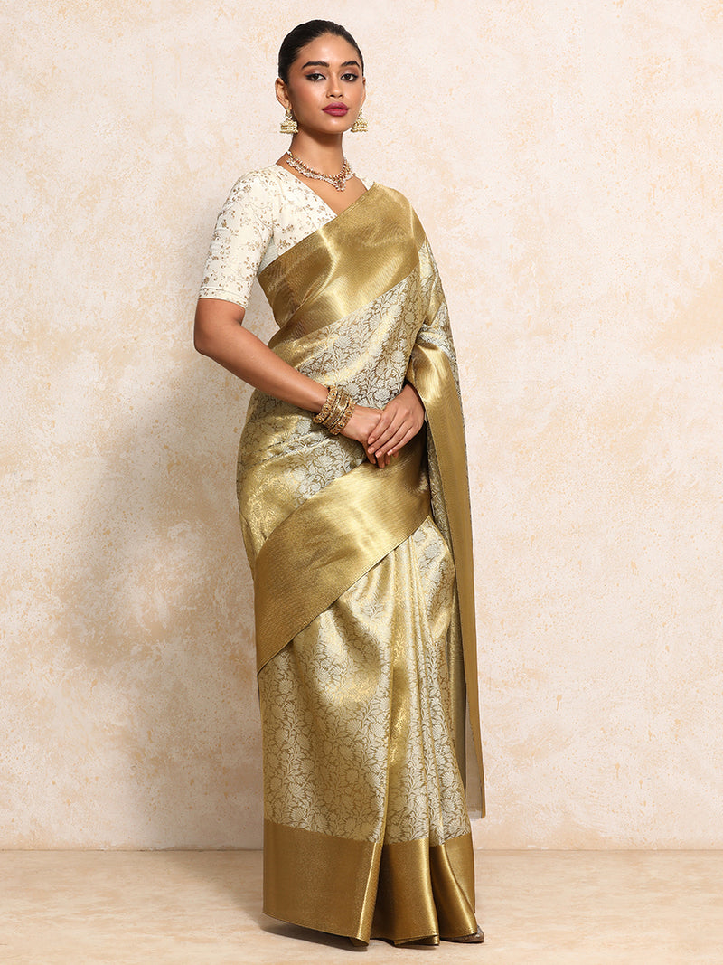 Golden Tissue Saree With Ornate Floral Jaal Weave-Binks