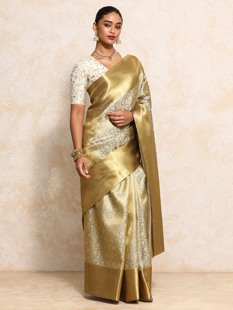 Golden Tissue Saree With Ornate Floral Jaal Weave-Binks