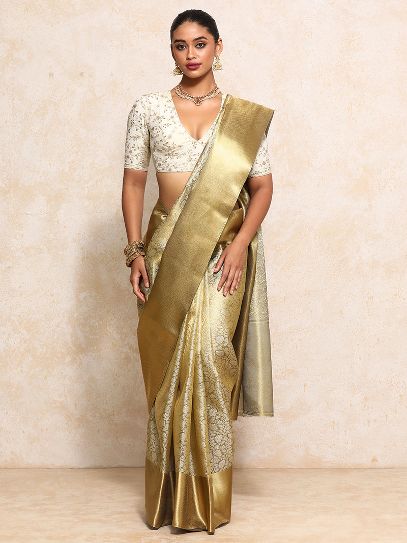Golden Tissue Saree With Ornate Floral Jaal Weave-Binks