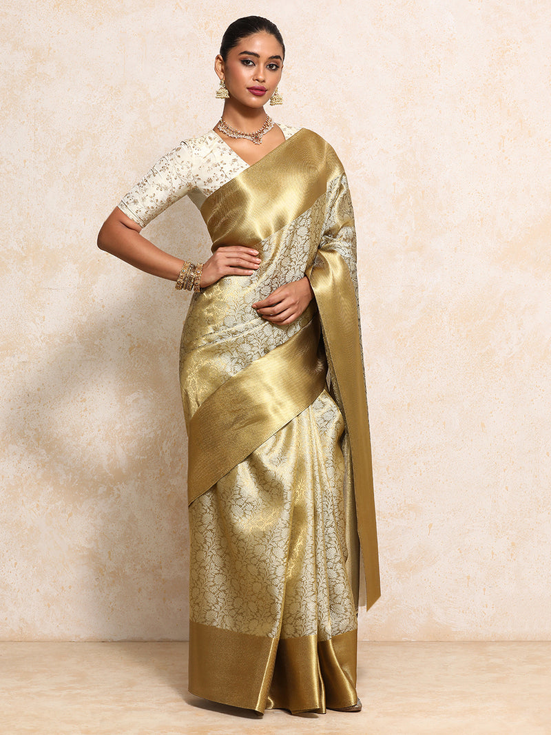 Golden Tissue Saree With Ornate Floral Jaal Weave-Binks