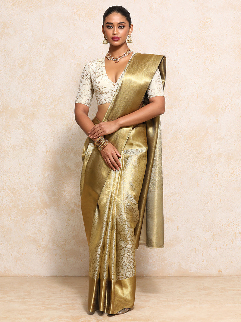 Golden Tissue Saree With Ornate Floral Jaal Weave-Binks