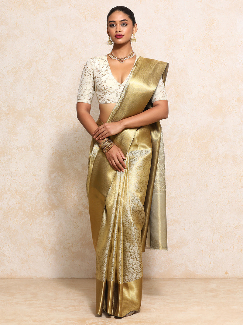 Golden Tissue Saree With Ornate Floral Jaal Weave-Binks