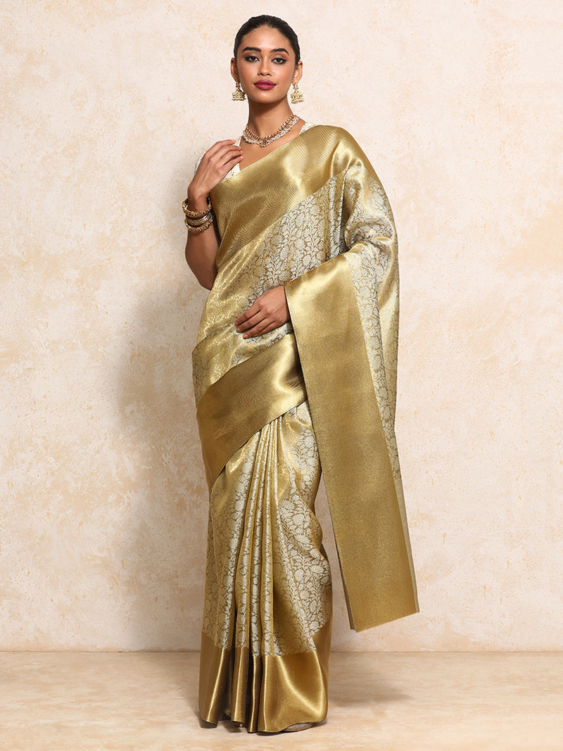 Golden Tissue Saree With Ornate Floral Jaal Weave-Binks