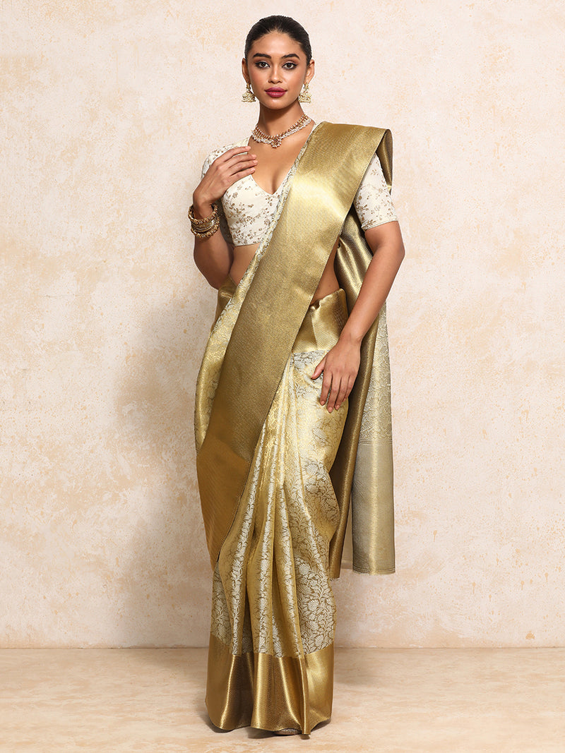 Golden Tissue Saree With Ornate Floral Jaal Weave-Binks